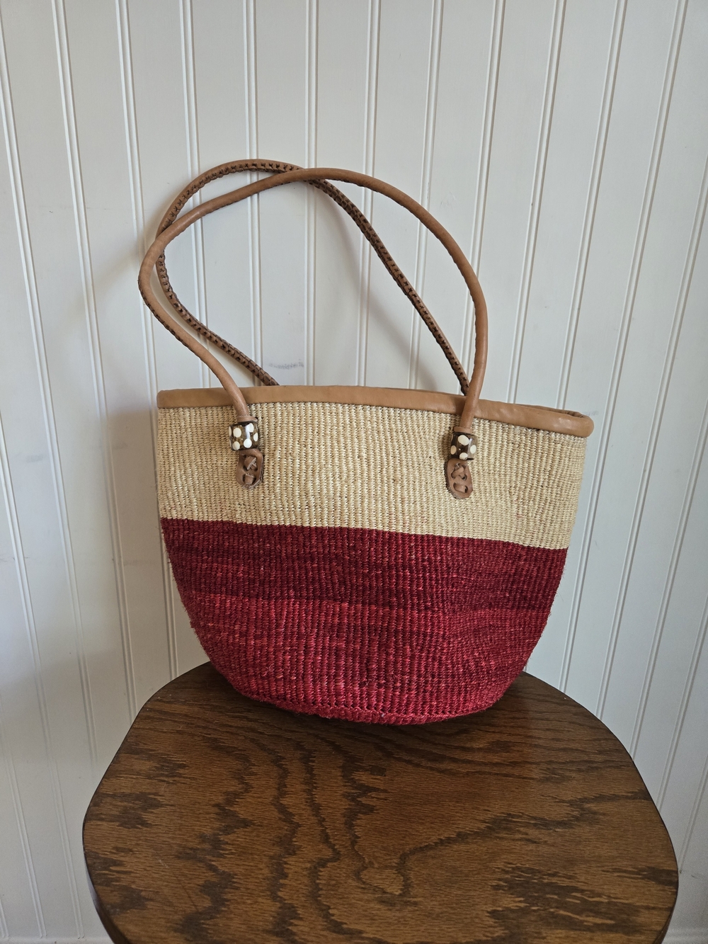 Vintage Red and Natural Straw Tote with Braided Leather Handles
